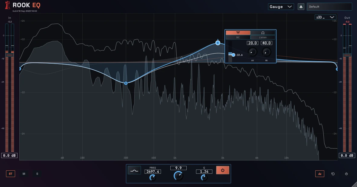 Rook EQ interface showing spectrum analysis, EQ curves, dynamics controls, and meters.